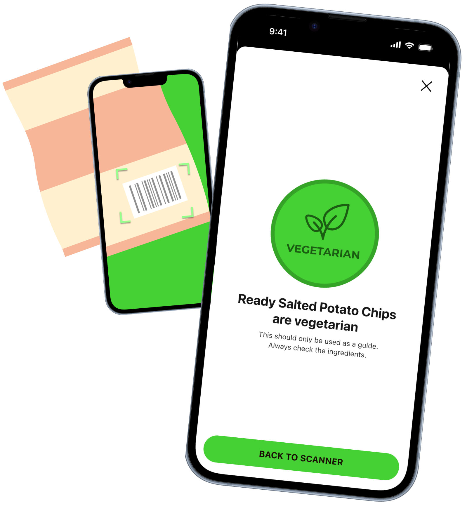 Two iPhones showing the user interface for Vegetarian Scanner app